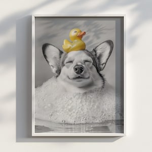 Corgi in Bathtub Art Print: Whimsical Dog Bathroom Decor (Digital Download)
