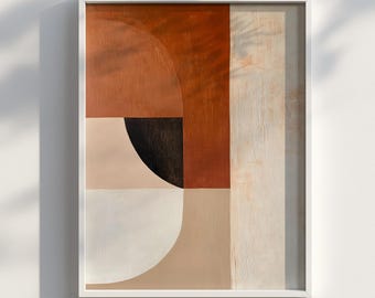 Könnte beinhalten: Abstraktes geometrisches Gemälde mit weißem Rahmen. Das Gemälde zeigt eine Komposition aus abgerundeten Formen in Braun-, Beige- und Weißtönen.