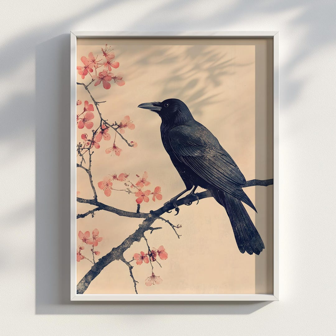 浮世絵カラスアートプリント：日本の墨絵鳥、ミニマリスト装飾