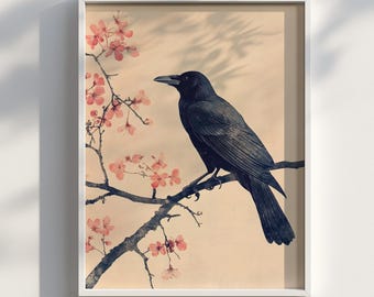 浮世絵カラスアートプリント：日本の墨絵鳥、ミニマリスト装飾