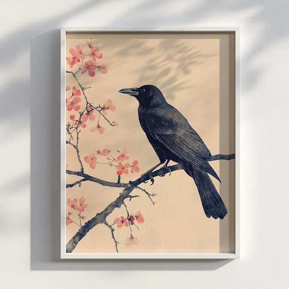 浮世絵カラスアートプリント：日本の墨絵鳥、ミニマリスト装飾