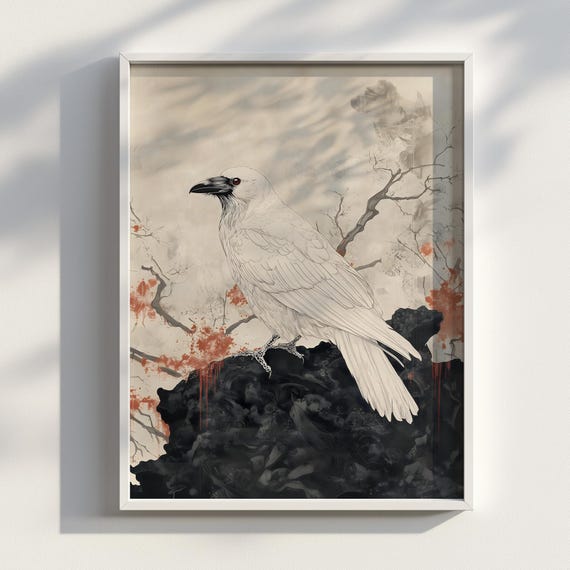 日本の浮世絵 白いカラス 神秘の鳥 | 印刷可能な壁掛けアート