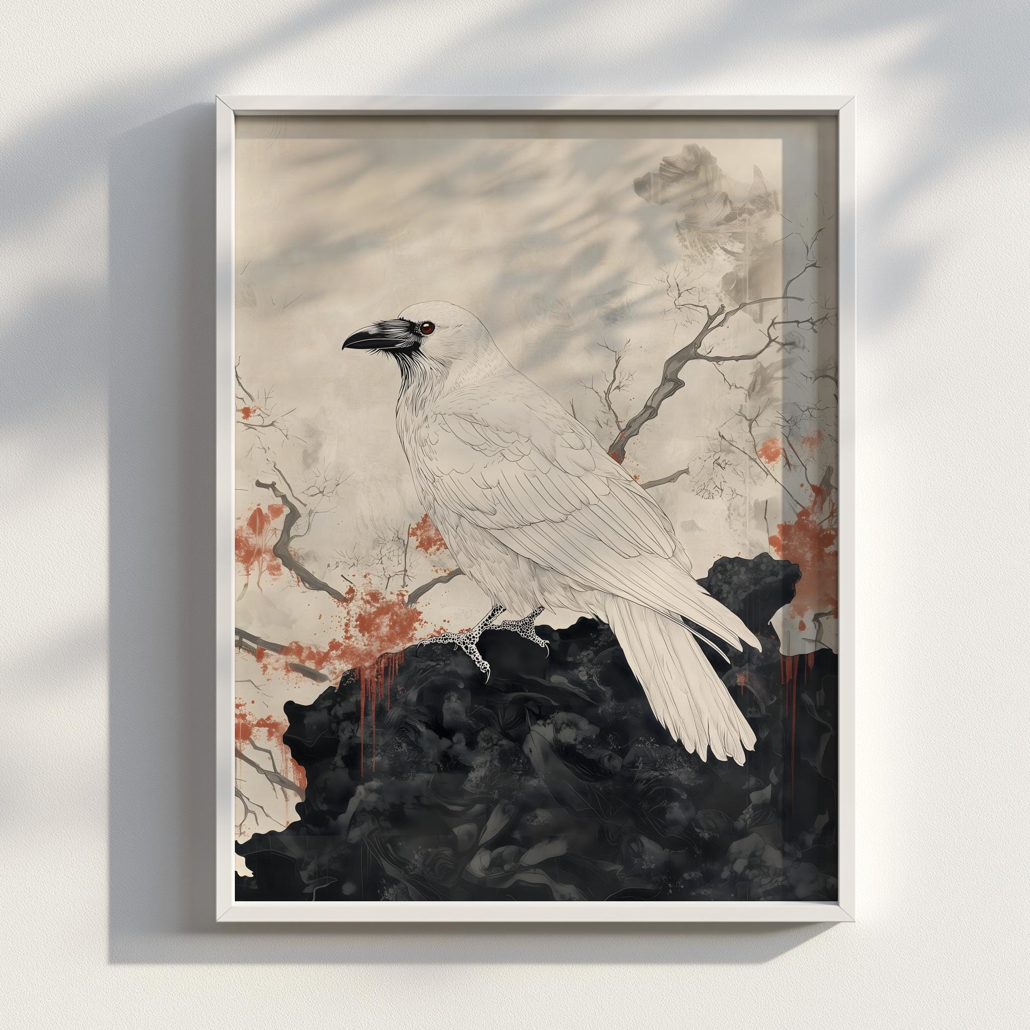 日本の浮世絵 白いカラス 神秘の鳥 | 印刷可能な壁掛けアート