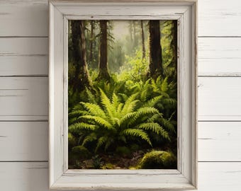 May include: A framed painting of a forest scene with tall trees and lush green ferns in the foreground. The painting is set against a white wood background.