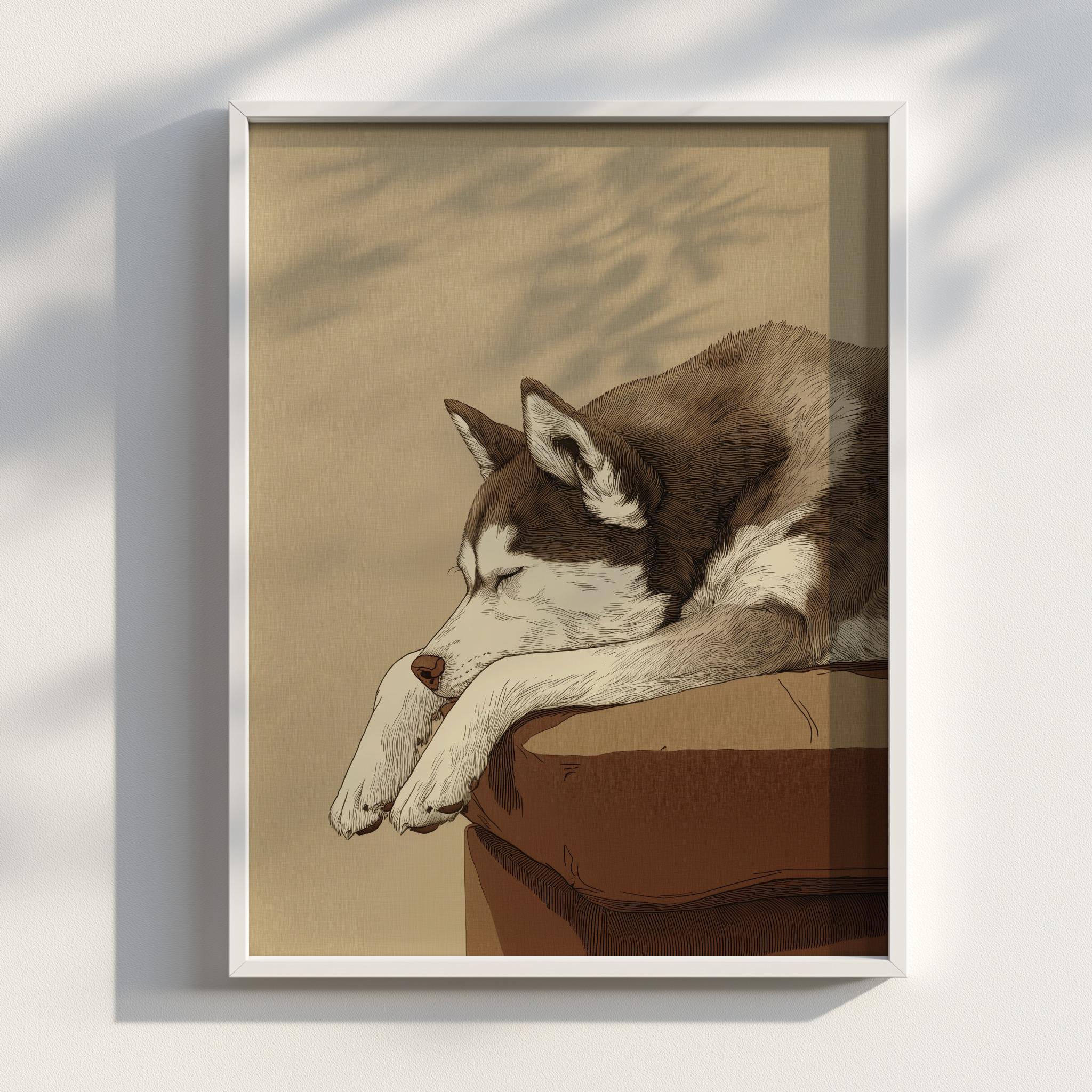 真作保証　ハスキー犬の肖像画 油絵 F8 Valenzuela ハスキー犬の浮世絵風肖像画（日本産ハスキー犬）｜動物肖像画プリント