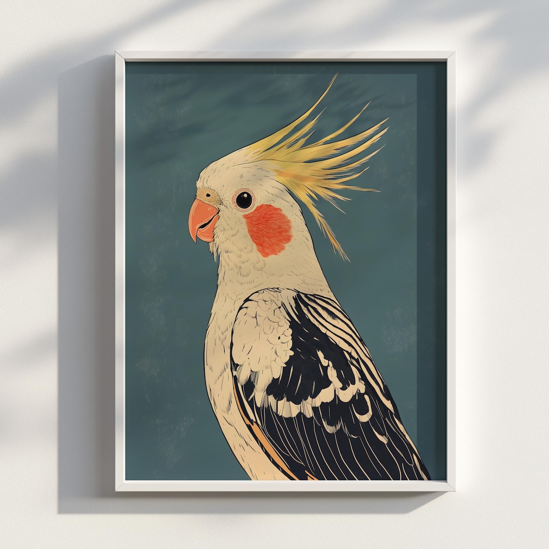 浮世絵 オカメインコ肖像：日本の墨絵版画（デジタルダウンロード