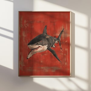 Ukiyo-e Shark Digital Print, Japanese Great White Shark Wall Art, Fierce Ocean Predator Poster, Red Samurai Style Decor, Instant Download