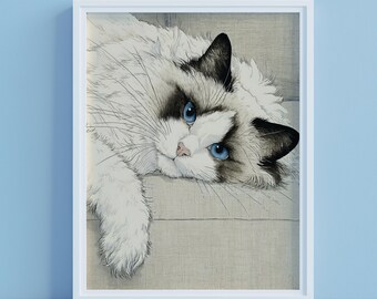 Gato Ragdoll – Estilo Ukiyo-E Esponjoso / Descarga digital / Impresión digital / Lámina decorativa para pared (descarga digital)