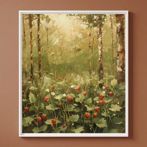 Op de afbeelding: Een ingelijste kunstdruk met een olieverfschilderij van een bosbodem bedekt met wilde aardbeiplanten met rode bessen en kleine witte bloemen, tegen een achtergrond van hoge berkenbomen met zacht, gefilterd zonlicht.