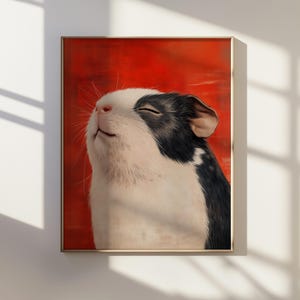 May include: A close-up portrait of a black and white guinea pig with its eyes closed and mouth slightly open, as if smiling. The guinea pig is against a red background.