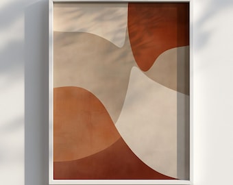 Puede incluir: Lámina de arte abstracto enmarcada. La obra presenta formas orgánicas superpuestas en tonos beige, marrón y óxido. La composición tiene una estética minimalista, con líneas suaves y curvas y una paleta de colores neutros. Adecuada para la decoración del hogar.