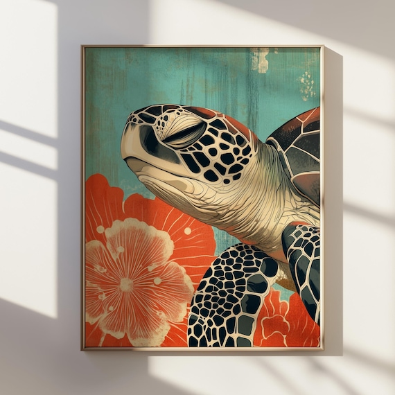 浮世絵「ウミガメ」版画：日本の海洋美術（デジタルダウンロード