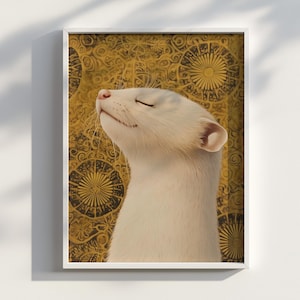 Sunwhisker – Ukiyo-e Golden Albino Ferret Portrait, Japanese Ink Animal Art, Rare Mustelid Print, Digital Minimalist Wall Decor