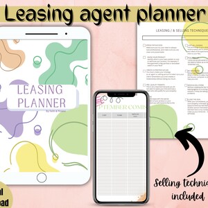 May include: A digital download for a leasing agent planner with a colourful abstract design. The planner includes a calendar, a section for listing information, and a section for leasing and selling techniques. The text on the cover reads "Leasing Planner" and "By Faith & Fitness".