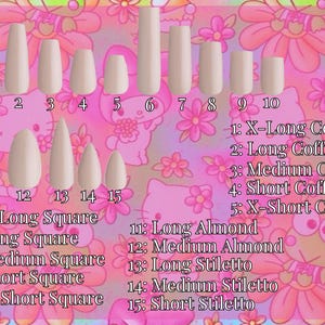 Puede incluir: Un gr&aacute;fico que muestra 15 formas de u&ntilde;as diferentes con sus nombres correspondientes. Las formas incluyen ata&uacute;d, cuadrado, almendra y stiletto. El gr&aacute;fico est&aacute; sobre un fondo rosa con flores y animales de dibujos animados.