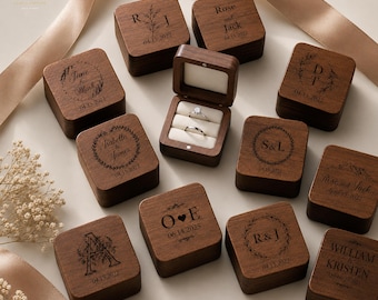 Personalized Engraved Wooden Engagement Ring Box, Custom Proposal Wedding Ring Box With Name and Date, Anniversary Gift For Couples