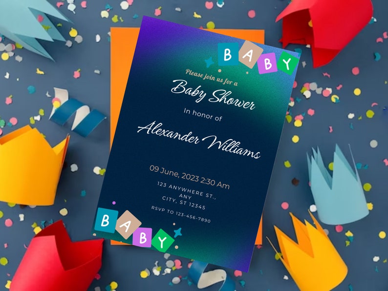 Blue Baby Shower Invitation Card Template, Digital Baby Shower Card, Editable Card for Baby