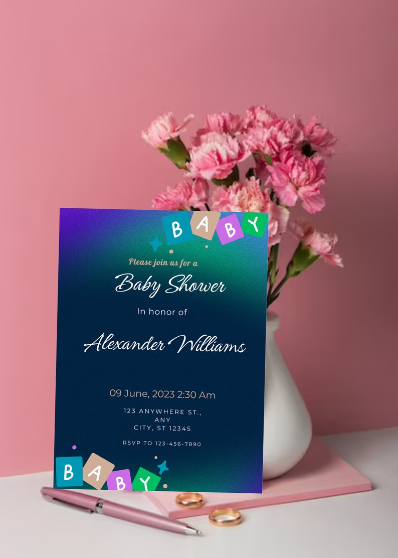 Blue Baby Shower Invitation Card Template, Digital Baby Shower Card, Editable Card for Baby