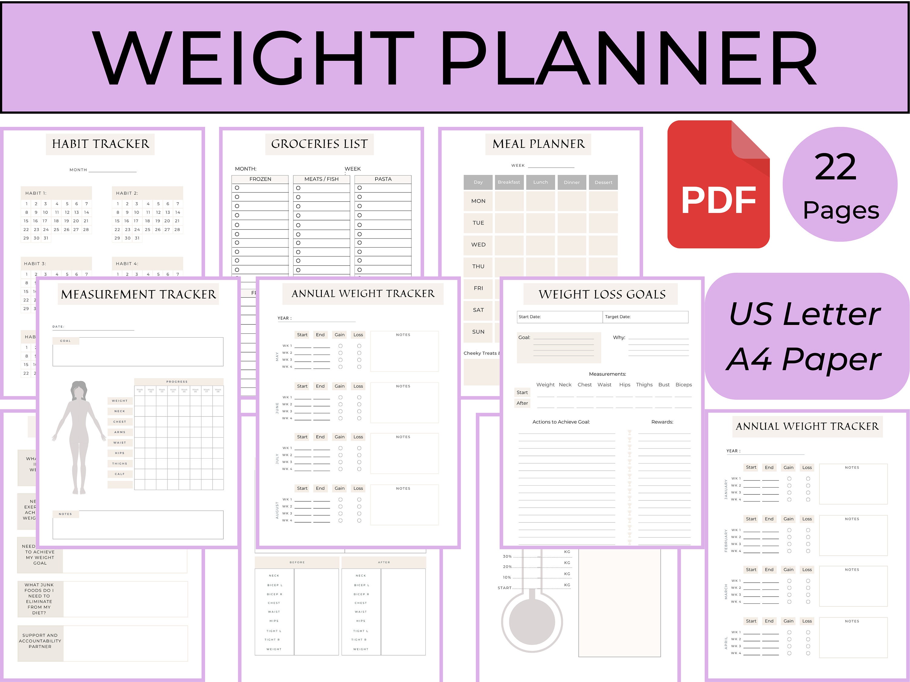 Body Measurement Tracker A6 Planner Inserts Printable Weight