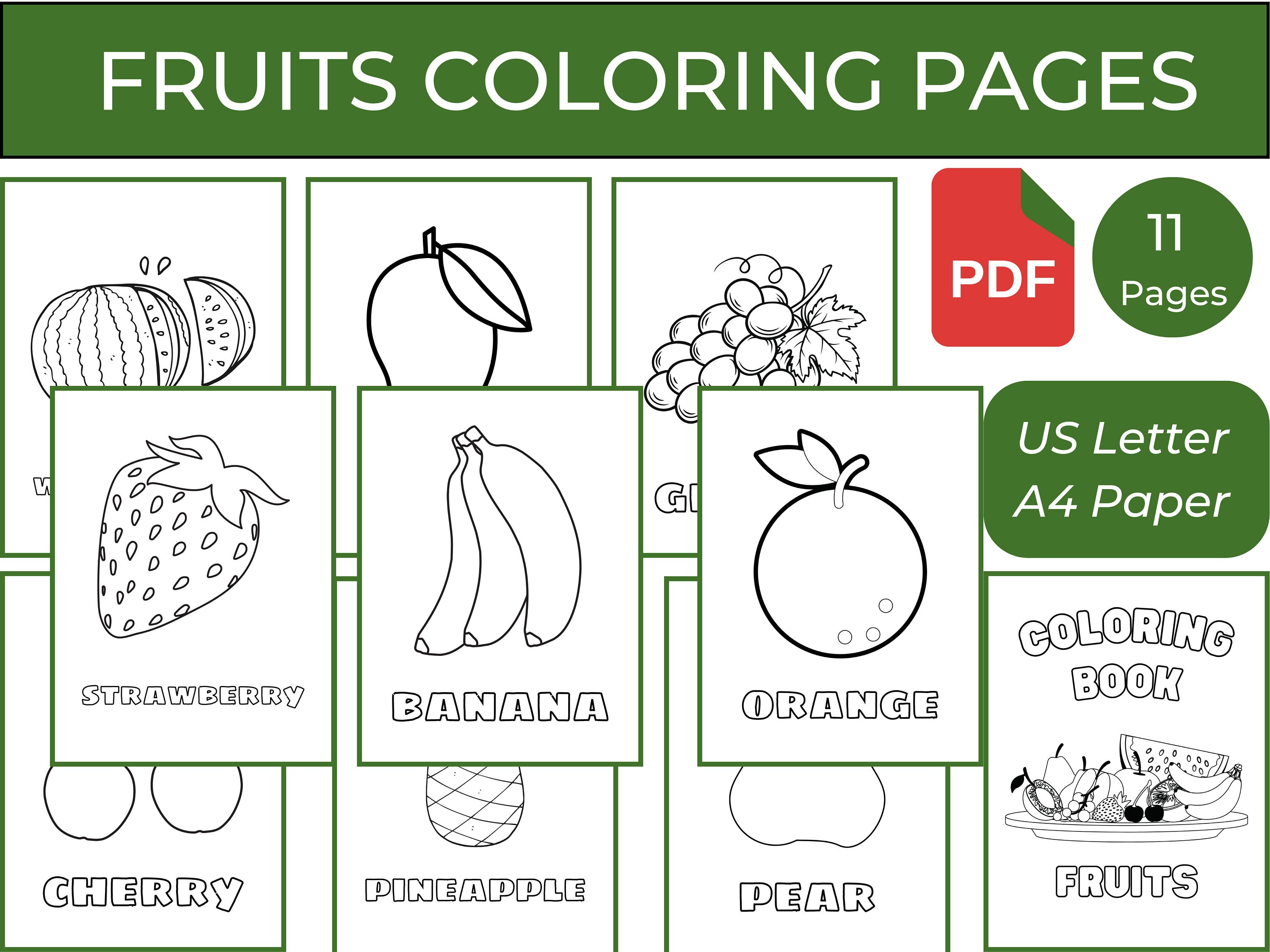 Printable Fruits and Vegetables Coloring Pages, Digital Download, Kids ...