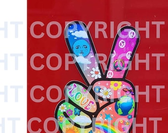 Sticker, vrede, vredestekenstickers, vredevingersstickers, vredestickers, vinylstickers. Auteursrechten.