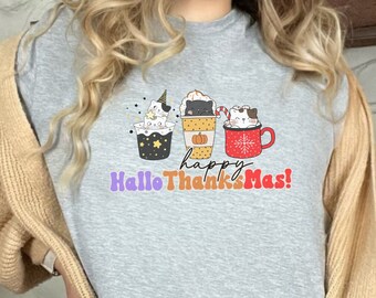 Happy HalloThanksMas Shirt - Drinks T-shirt - Funny Festival Tee - Cat Christmas Shirt - Thanksgiving Tee - Halloween T-shirt - Cat Lover