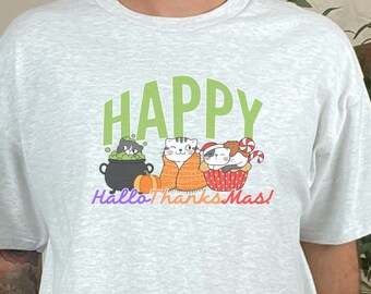 Happy HalloThanksMas Shirt - Drinks T-shirt - Funny Festival Tee - Cat Christmas Shirt - Thanksgiving Tee - Halloween T-shirt - Cat Lover