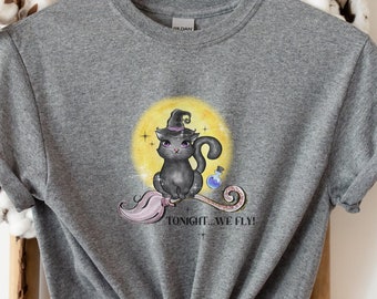 Tonight We Fly Cat Halloween Shirt, Black Cat Shirt, Halloween Cat Shirt, Gift for Cat Lover, Gift for Cat Mom, Black Witch Cat Shirt