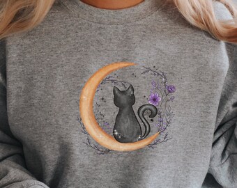 Halloween Sweatshirt, Halloween Sweater, Cat on Moon Sweatshirt, Black Cat Sweatshirt, Halloween Crewneck, Black Cat Shirt, Spooky Season