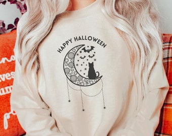 Cat Halloween Sweatshirt,  Black Cat Shirt, Cat Moon Sweatshirt, Cat Dad, Cat Mom, Black Cat Halloween, Funny Cat Shirt