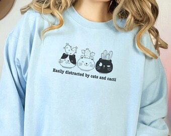 Cat Lover Sweatshirt, Plant Lover, Cat Person, Gift for Cat Person, Cat Lady Gift, Botanical, Succulent Lover, Cacti Lover