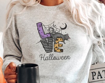 Cat Halloween Sweatshirt, Black Cat Shirt, Halloween Sweater, Halloween Cat Shirt, Cat Lover Shirt, Love Halloween Sweatshirt