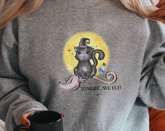 Cat Halloween Sweatshirt, Witch Cat Shirt, Halloween Sweater, Halloween Cat Shirt, Cat Lover Shirt, Black Cat Shirt, Tonight We Fly