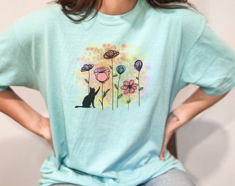 Black Cat shirt,  Flowers T Shirt, Cat Lover Gift, Gardening Gift, Gift for Her, Mother's Day Gift, Flower Lover, Nature Gift