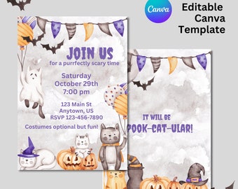Invito modificabile di Halloween gatto, invito alla festa del gatto, invito di Halloween, stampabile di Halloween, invito gatto nero, modello Canva personalizzato