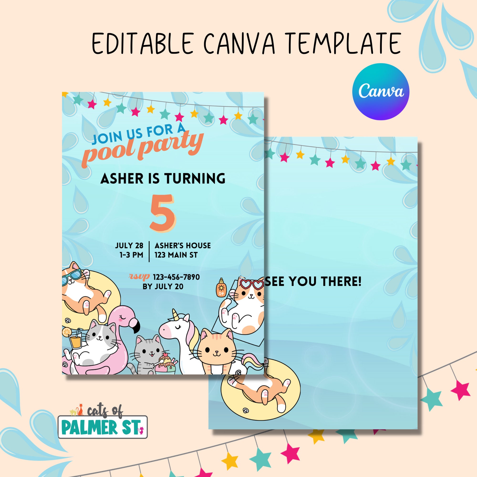 Editable Pool Party Birthday Invitation, Cat Summer Party Party Invite Template, Printable Digital Download, Cat Themed Invite - Etsy editable-pool-party-birthday-invitation-cat-summer-party-party-invite-template-printable-digital-download-cat-themed-invite-etsy