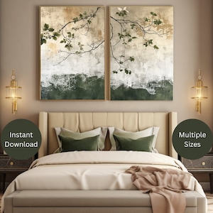 Arte mural verde oliva Japandi: Láminas botánicas minimalistas (descarga digital)