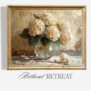 Vintage White Hydrangeas Print - Muted Farmhouse Botanical Wall Decor | Living Room Art | Digital Download PRINTABLE