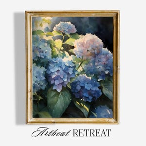 Blue Hydrangea Floral Watercolor Print - Digital Hydrangea Painting - Farmhouse Decor