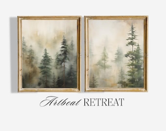 Misty Pine Forest Landscape Art: Neutral Color Set of 2 (Digital Download)