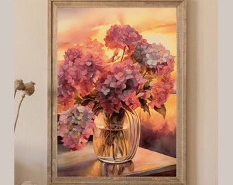 Summer Pink Hydrangea at Sunset - Digital Watercolor Painting - Digital Hydrangea Flowers in Vase  - Botanical Wall Art - Instant Download