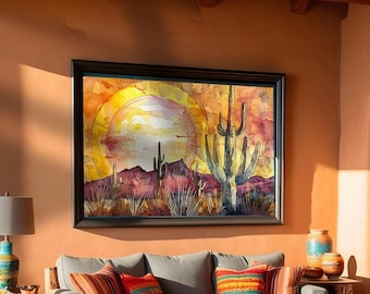 Southwest Cactus Sunset Watercolor Print: Boho Desert Wall Art (Digital Download)