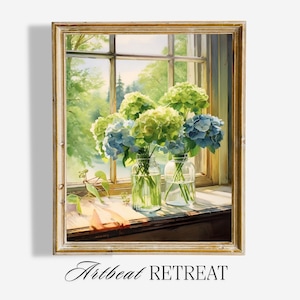 Blaue Hortensie Aquarell Fensterbilder: Florale Fensterbilder (Digitaler Download)