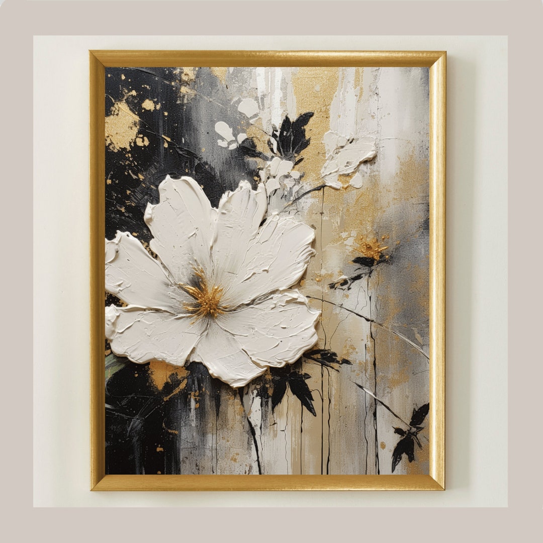Floral Digital Painting in Gold and Black, Flower Wall Art, Minimalist
