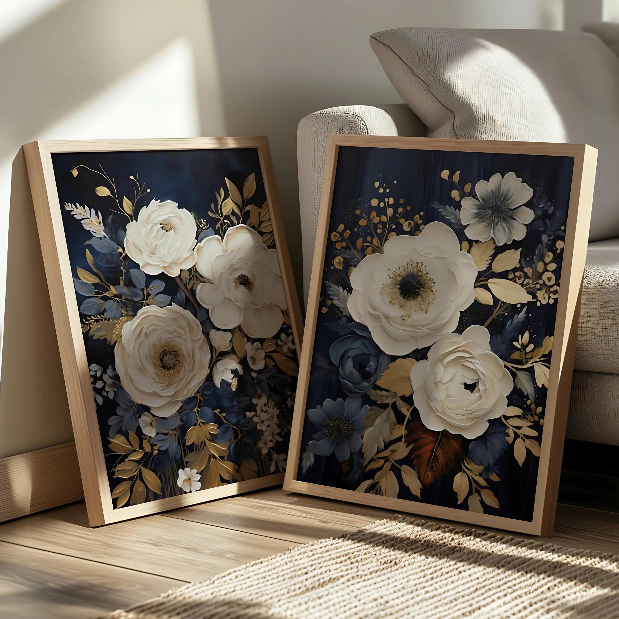 Navy Blue Floral Art Prints: Elegant Flower Set of 2 (digital Download ...
