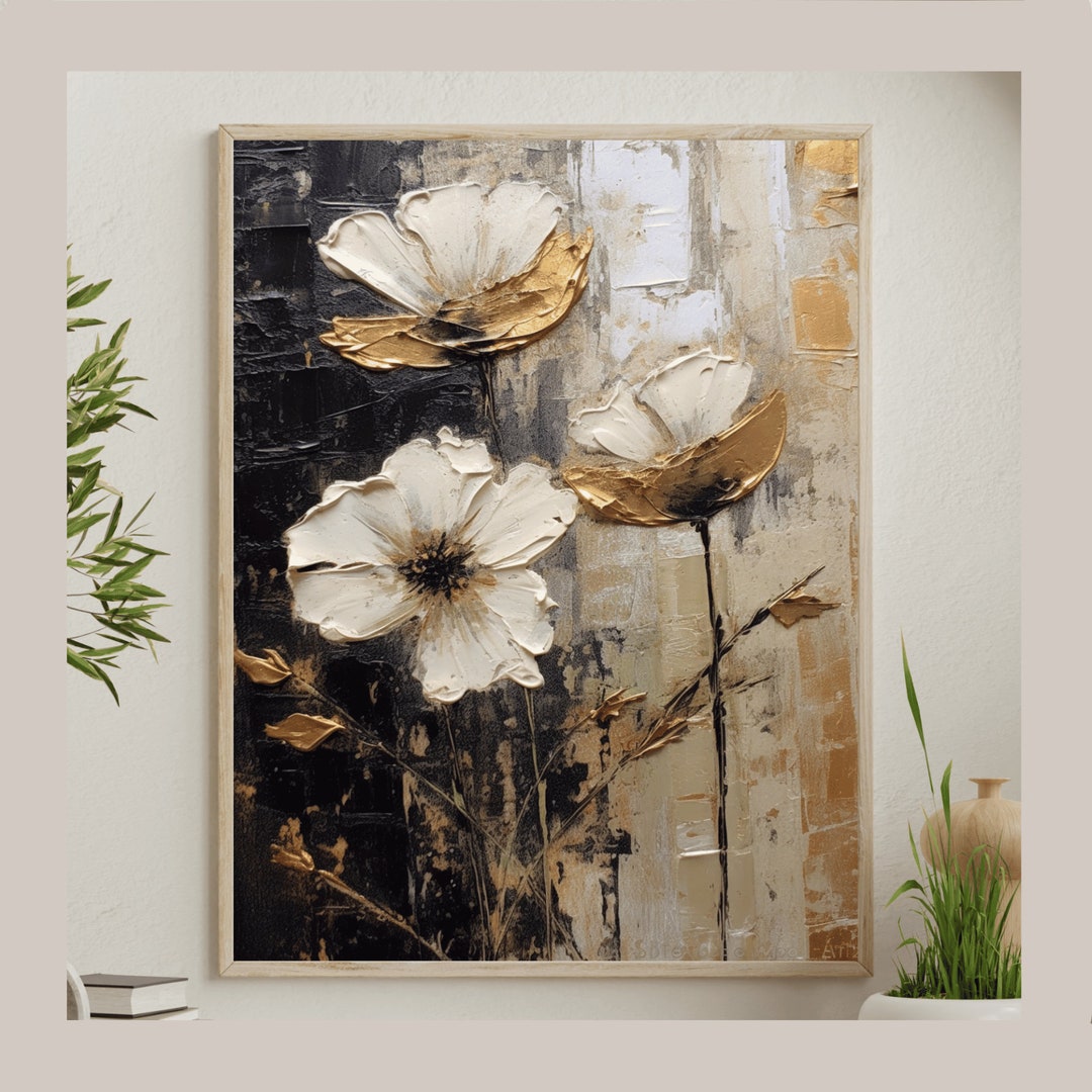 Floral Digital Painting in Gold and Black, Flower Wall Art, Minimalist
