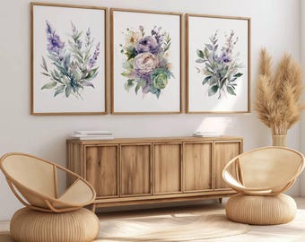 Sage Green & Lilac Botanical Wall Art Prints 3 Piece Set (Digital Download)