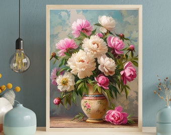 Pink Peonies Floral Painting | Vintage Farmhouse Wall Art (Digital Download)