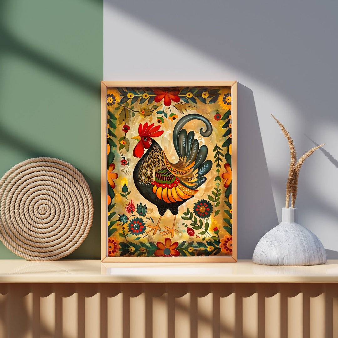 Rooster Barnyard Painting Farmhouse Decor, Folk Art Painting, Rooster ...