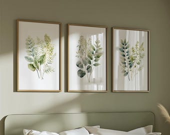Sage Green Botanical Print Set: Watercolor Floral Wall Art (Instant Download)
